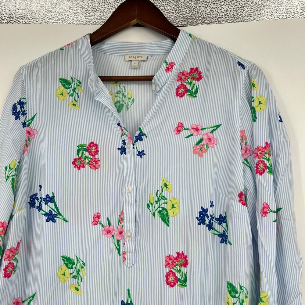 Talbots Blue & White Stripe Floral Popover 1/2 Button Blouse Long Sleeve small - Picture 6 of 7
